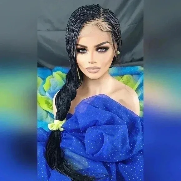 ๐ Braided full Lace Wig: African-Inspired, Black wig Human-Synthetic, "YARA" - Picture 6 of 16